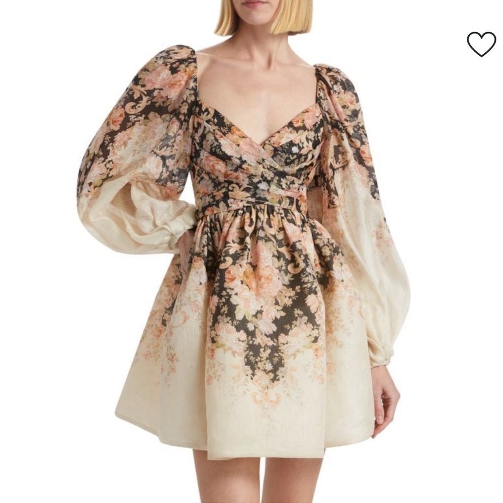 Zimmermann Floral Puff-Sleeve Mini Dress in Cream, Black and Pink - Picture 3 of 12